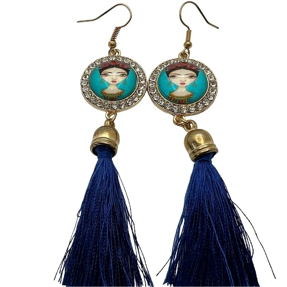 Frida Long Navy Blue Tassel Dangle Crystal Portrait Earrings